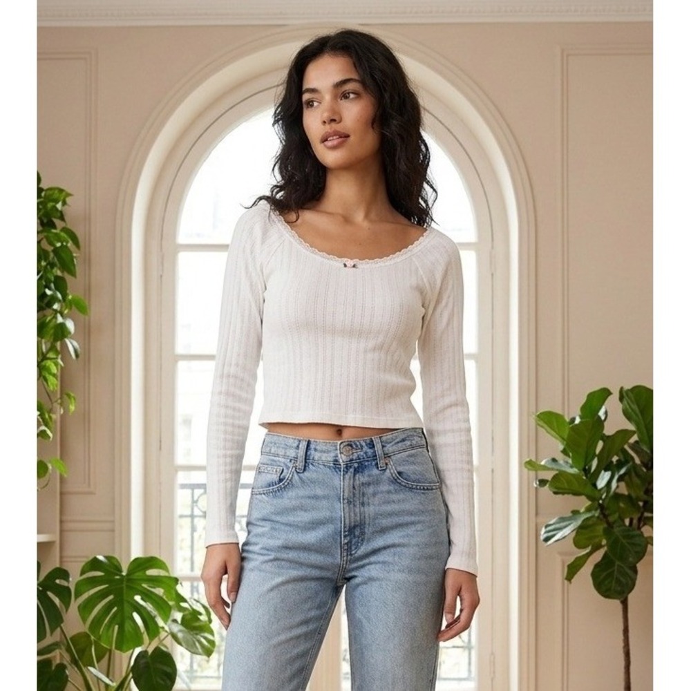 Aeropostale Pointelle Long Sleeve Lace Trim Rosette Top Women's L Coquette NWT